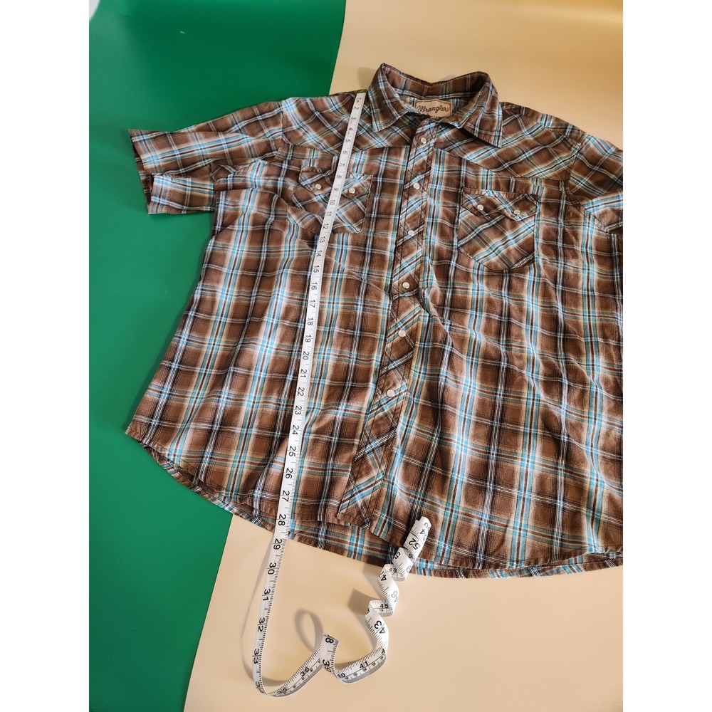 Wrangler Western Snap Mens XL Brown Turquoise Plaid Short Sleeve Pearl Snap - Picture 6 of 6